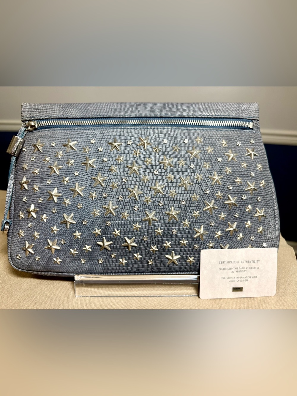 ✨ Authentic Jimmy Choo Star Studded Clutch —Steel Blue-Gray | COA Card Included